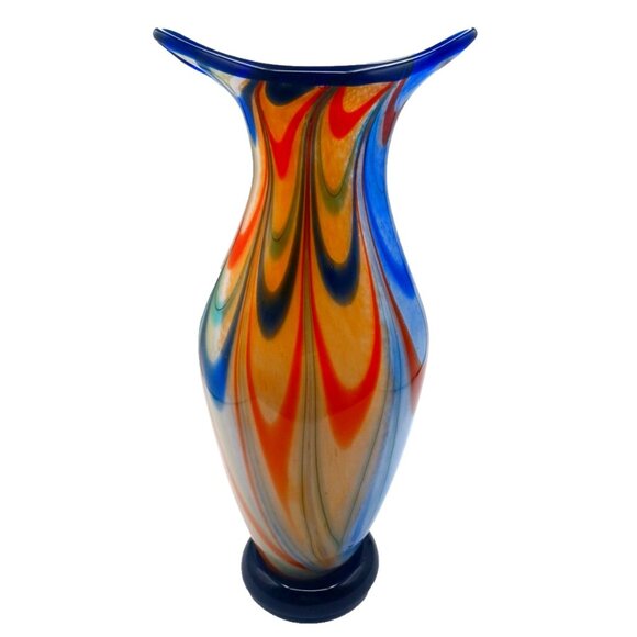 Murano Handblown Art Glass Vase With Rainbow Ribbon Swirl Pattern & Cobalt Blue - Picture 1 of 12